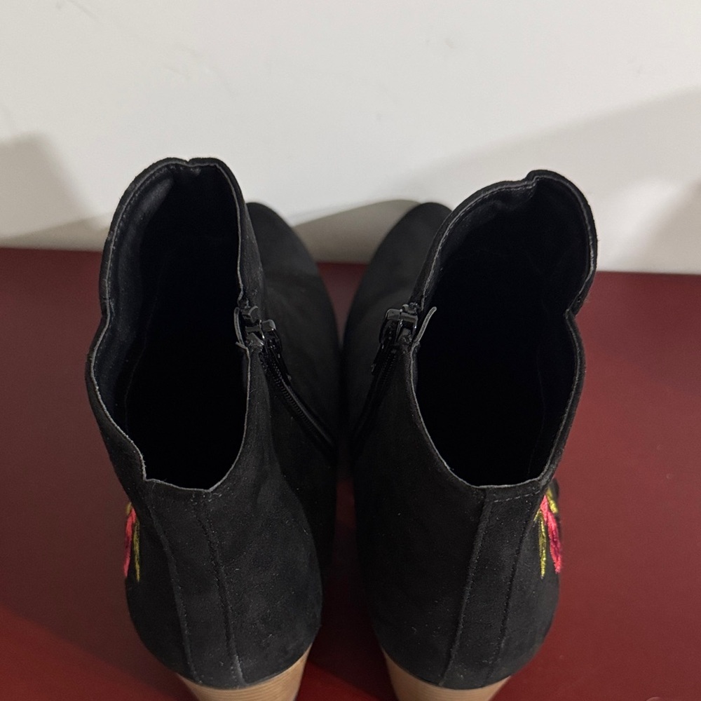 Floral Embroidered Black Ankle Boots - Picture 7 of 10
